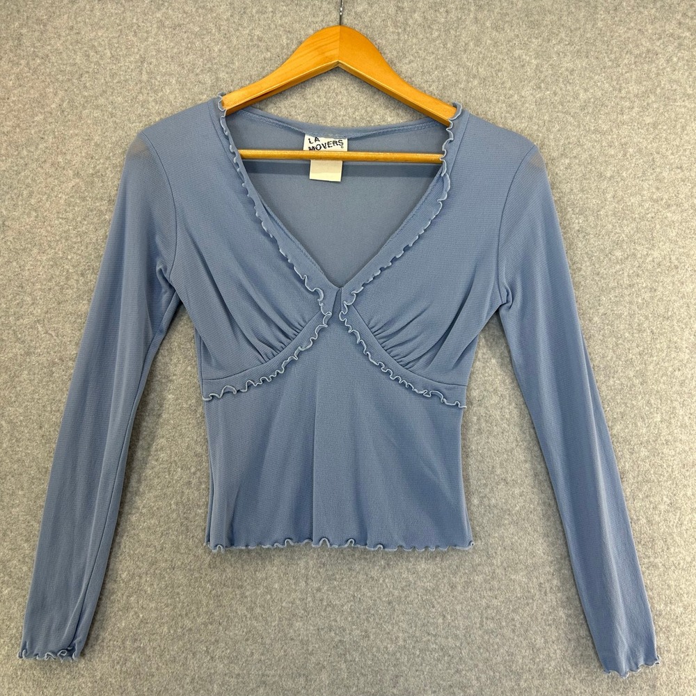 LA Movers Blue Sheer Mesh Ruffle V Neck‎ Long Sleeve Y2K Babydoll Top Size Small